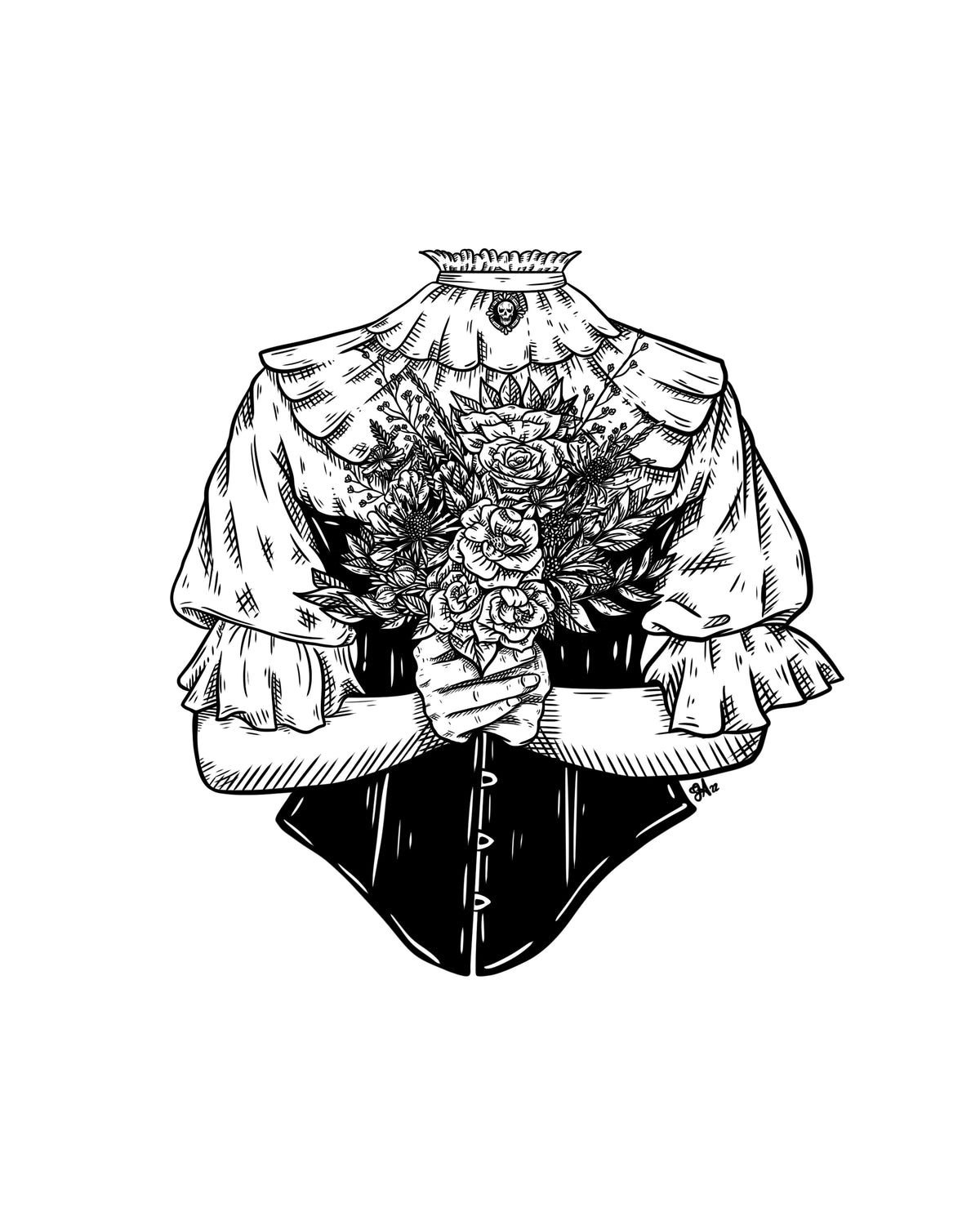Victoria art print, 8x10, black and white headless Victorian figure holding a floral bouquet