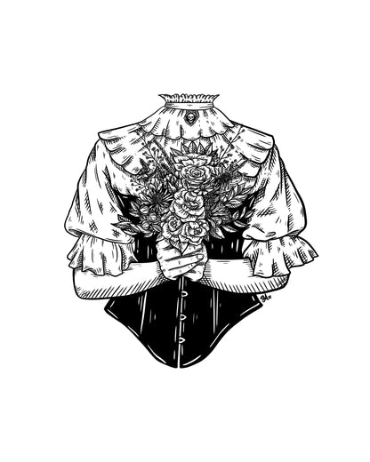 Victoria art print, 8x10, black and white headless Victorian figure holding a floral bouquet