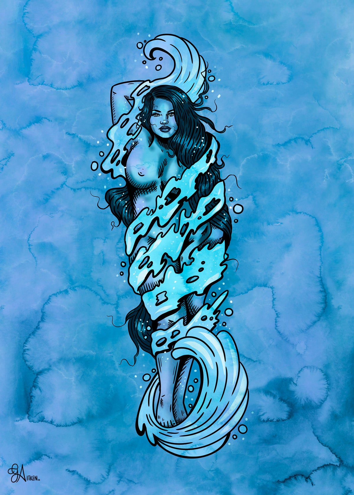 Water’s Allure: a woman entwined in flowing blue waves, 5x7 print