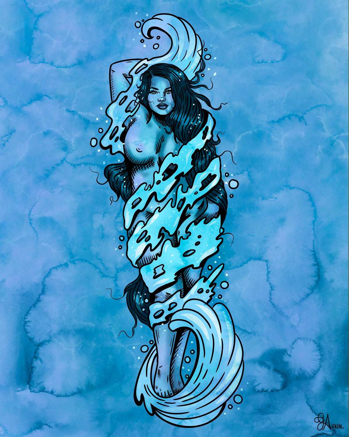 Water’s Allure: a woman entwined in flowing blue waves, 8x10 print