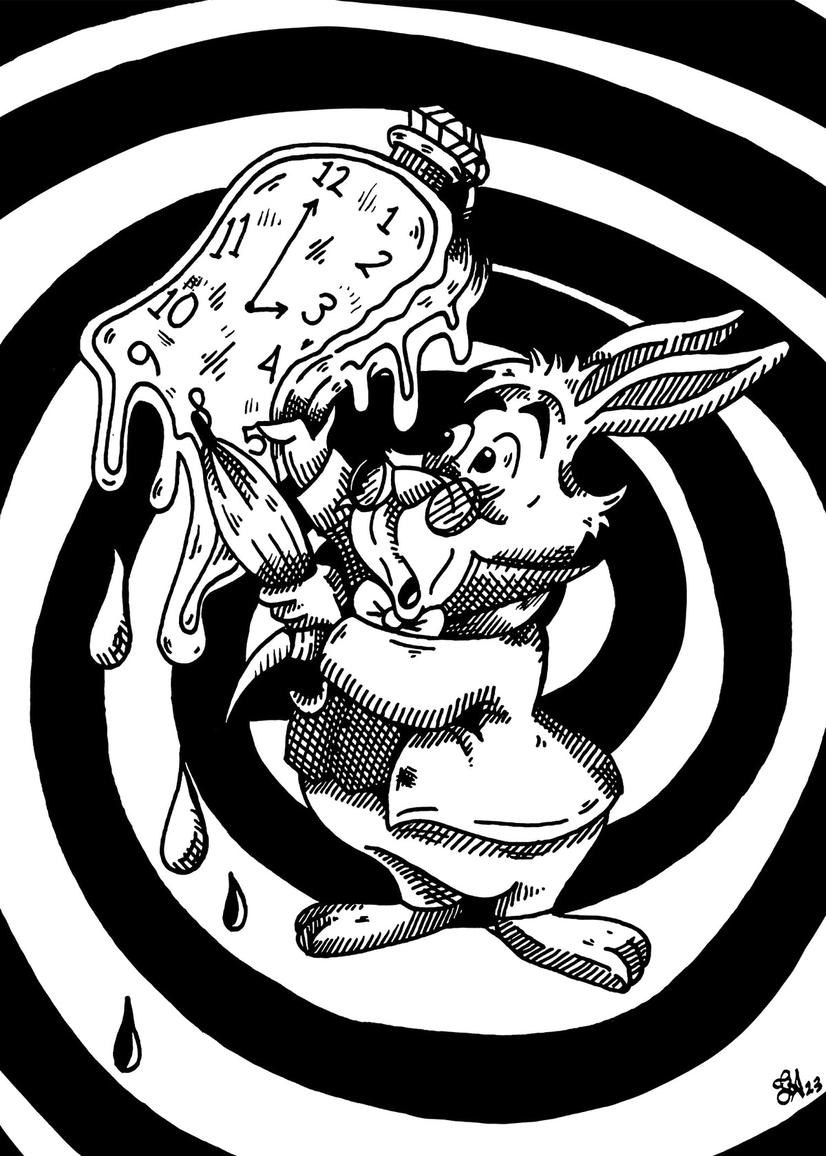 White Rabbit art print, 5x7, black and white rabbit holding a melting pocket watch against a spiral background
