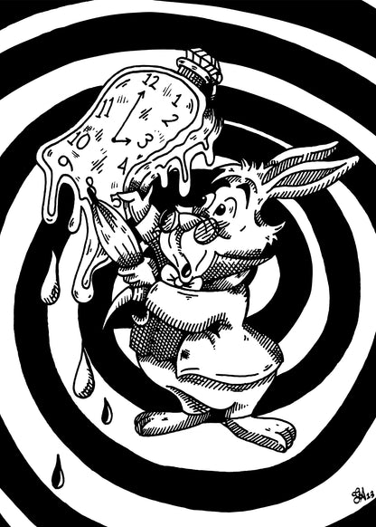 White Rabbit art print, 5x7, black and white rabbit holding a melting pocket watch against a spiral background