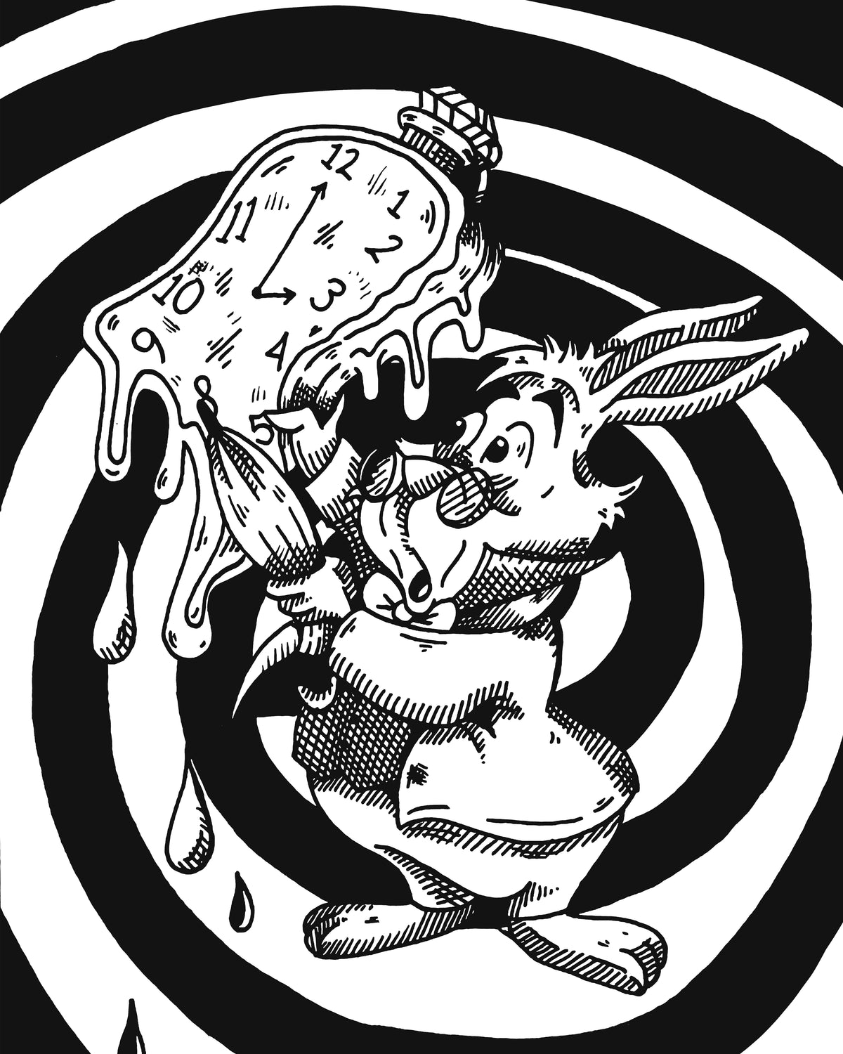 White Rabbit art print, 8x10, black and white rabbit holding a melting pocket watch against a spiral background