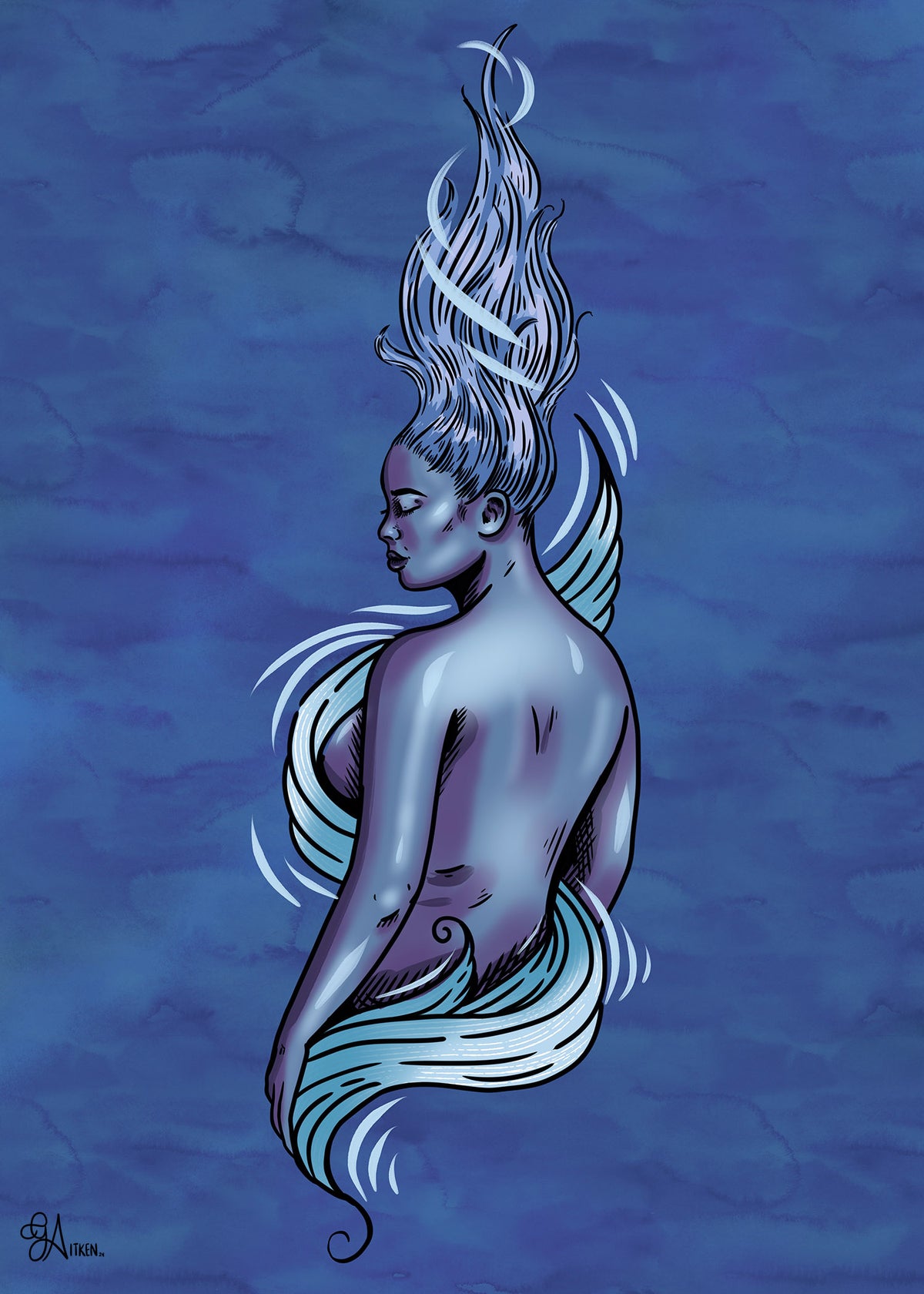 Wind’s Whisper: a blue and purple woman with windswept hair and flowing air ribbons, 5x7 print