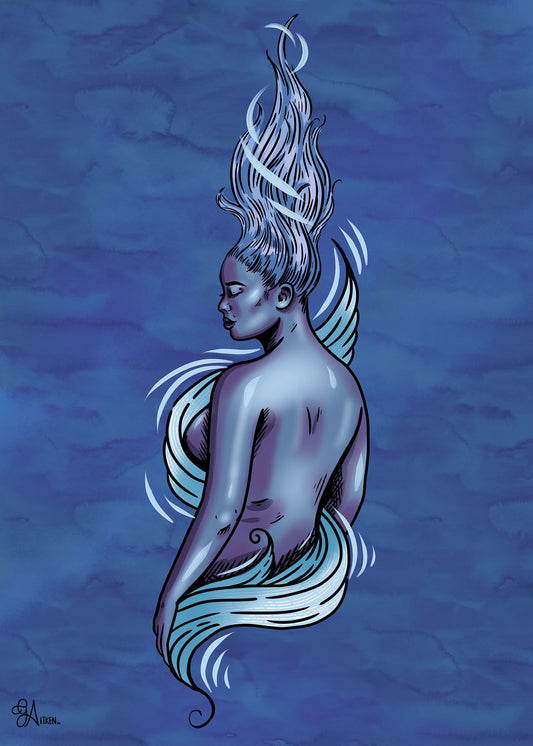 Wind’s Whisper: a blue and purple woman with windswept hair and flowing air ribbons, 5x7 print