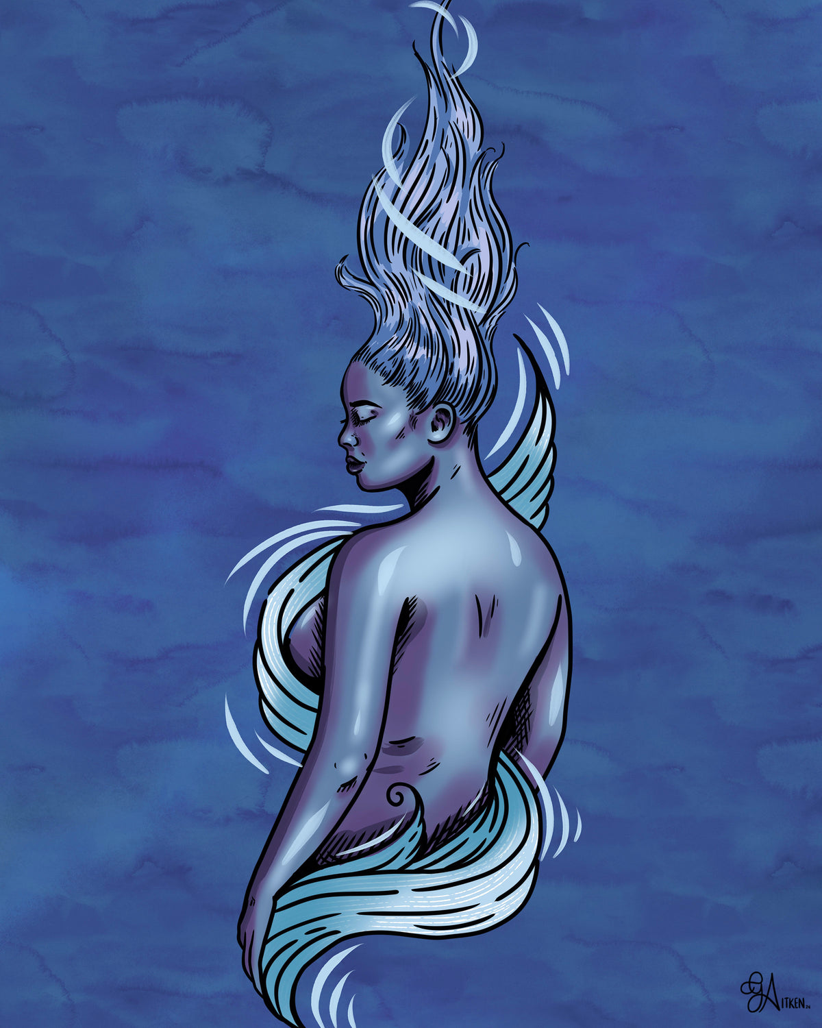 Wind’s Whisper: a blue and purple woman with windswept hair and flowing air ribbons, 8x10 print
