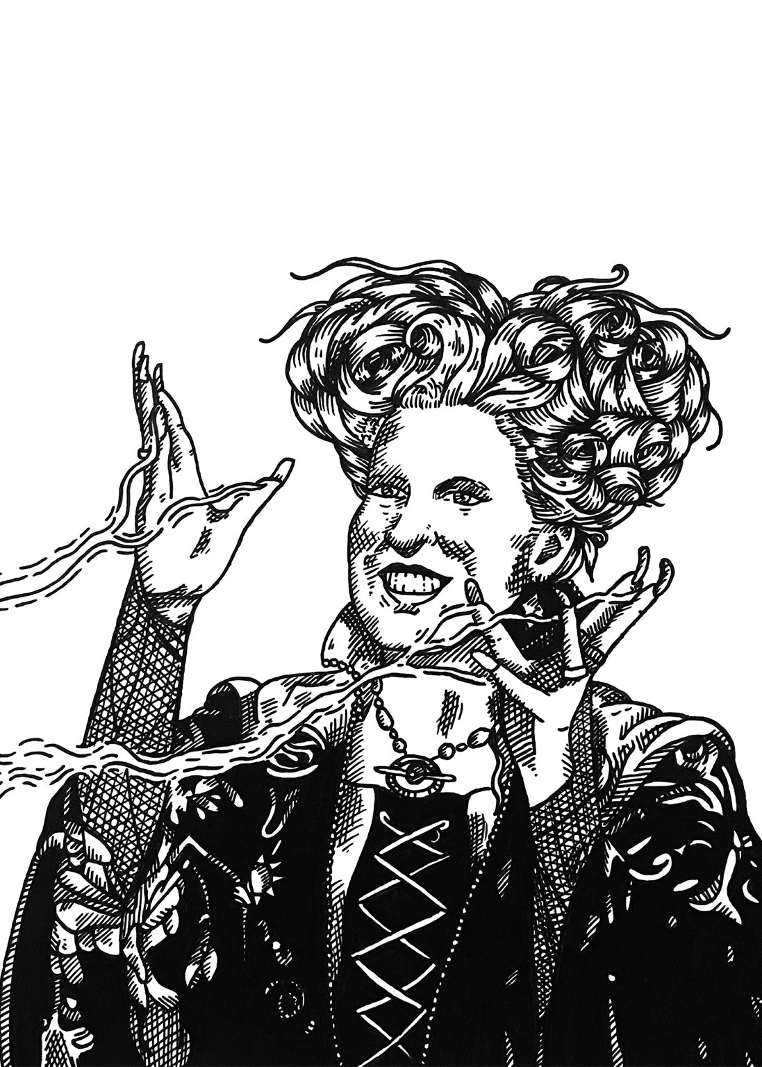 Winnie Sanderson art print, 5x7, black and white Hocus Pocus portrait