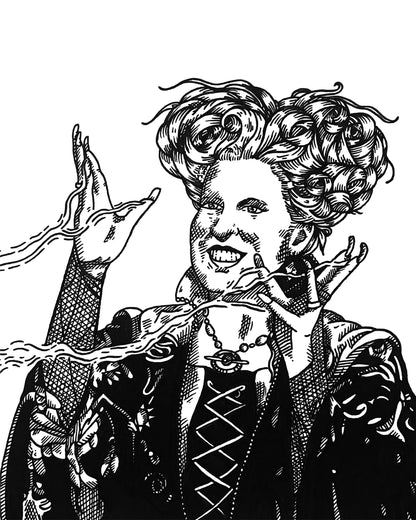 Winnie Sanderson art print, 8x10, black and white Hocus Pocus portrait