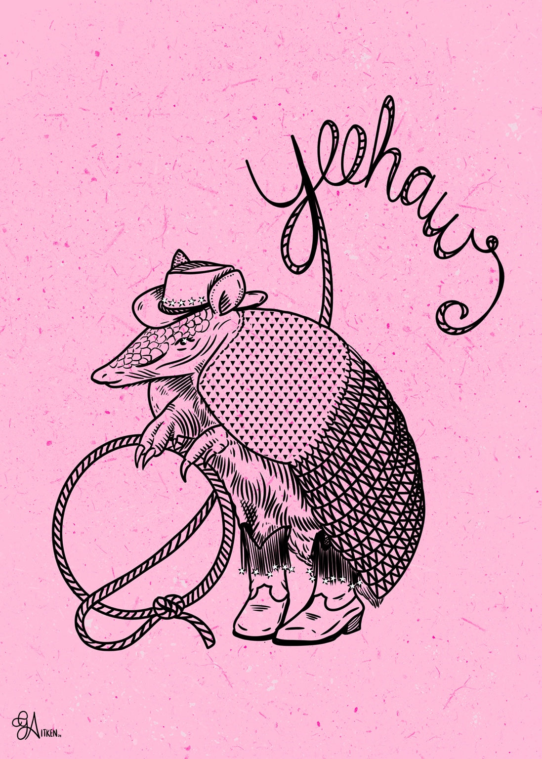 Yeehaw art print, 5x7, armadillo in a cowboy hat and boots holding a lasso on a pink background