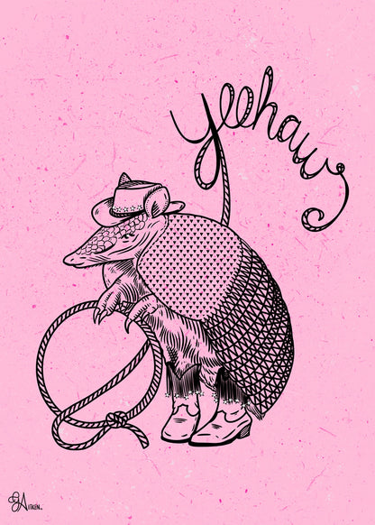 Yeehaw art print, 5x7, armadillo in a cowboy hat and boots holding a lasso on a pink background