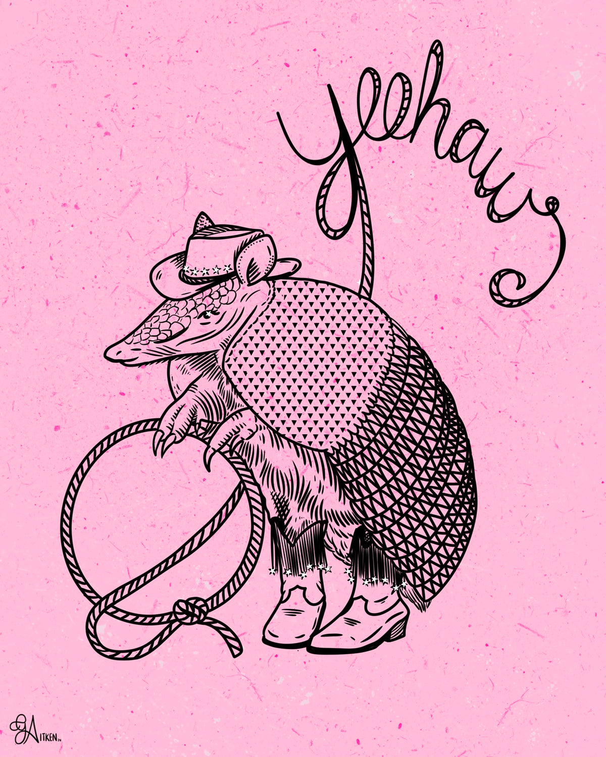 Yeehaw art print, 8x10, armadillo in a cowboy hat and boots holding a lasso on a pink background