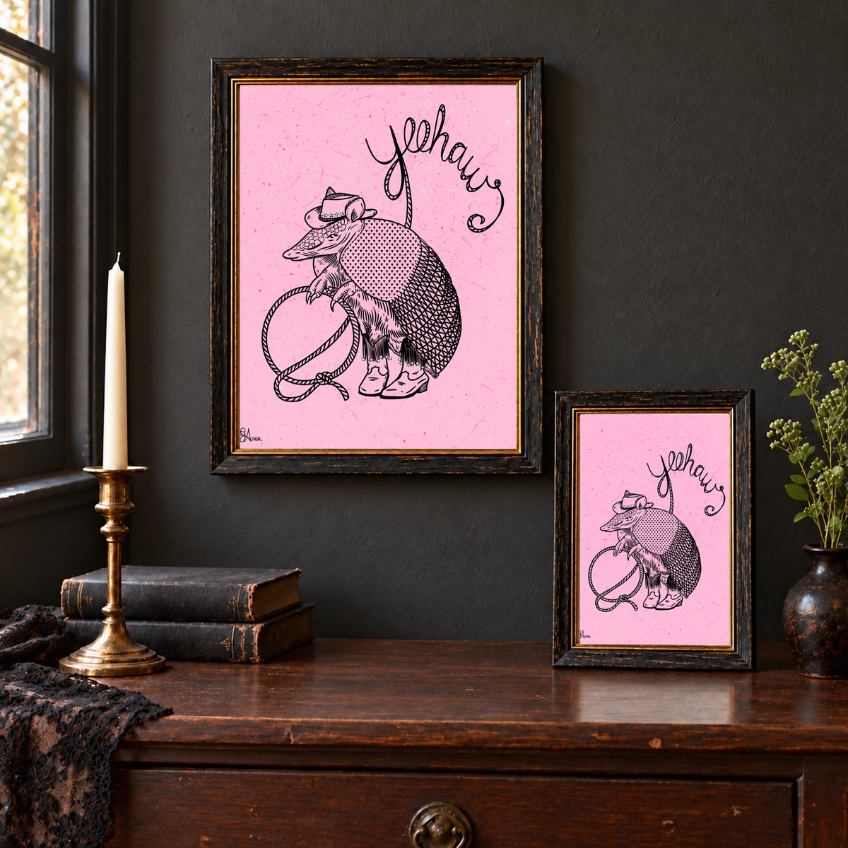 Yeehaw art prints displayed in 8x10 wall and 5x7 tabletop frames